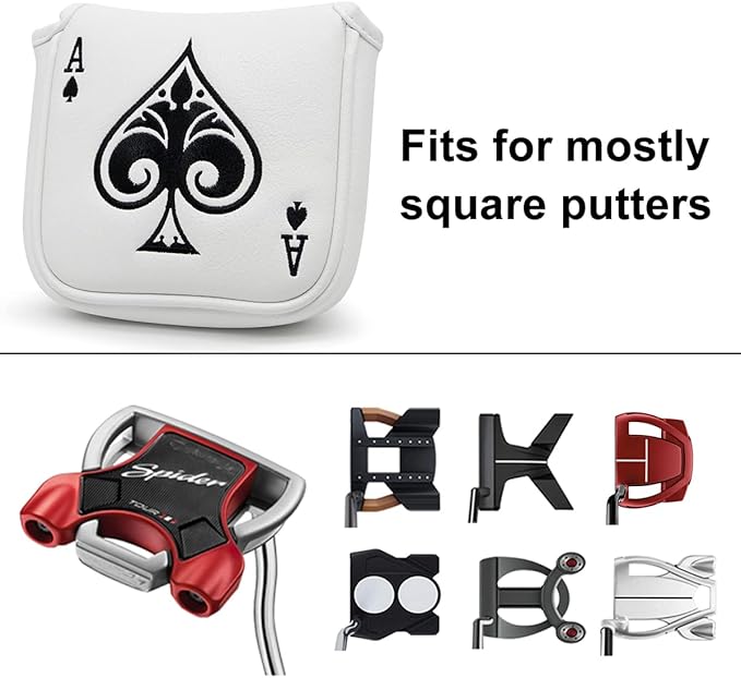 Golf Putter Cover Headcover Magnetic, Poker Ace Style Golf Club Head Cover, 4 Models Available Headcovers for Blade Half-Mallet Square Putters