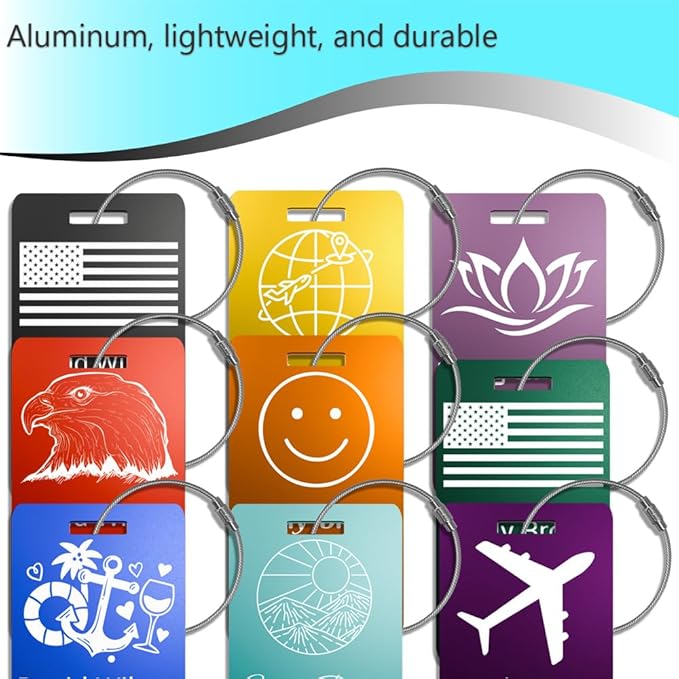 Personalized Luggage Tags for Suitcases 4 Pack – Custom Metal Name Tag for Travel, Golf Bag, and Baggage – Durable Aluminum Luggage Name Tags (Adventure Collection, Red)