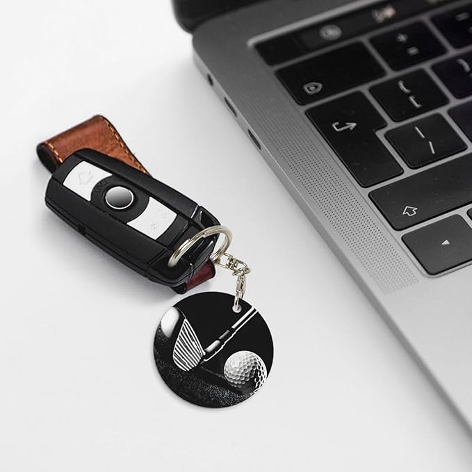 Black and White Golf Round Plated Metal Keychain for Car Motorcycle Key Chain Holder for Women Men New Year Christmas Gift