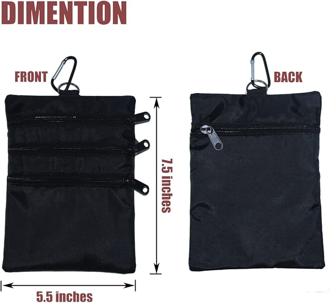 Golf valuables pouch, zipper golf ball bag with 4 pockets, golf accessories pouch for storing balls,tees,mobile phone,keys, cards and cash, great gift for golfers (2 PACK BLACK)