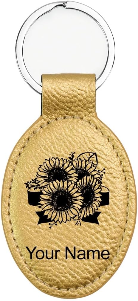 LaserGram Oval Keychain, Sunflowers, Personalized Engraving Included