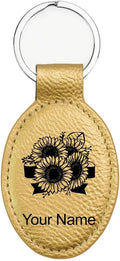 LaserGram Oval Keychain, Sunflowers, Personalized Engraving Included