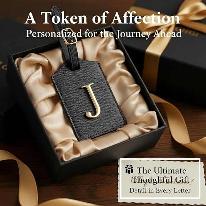 Personalized Initial Letter Luggage Tag for Suitcases PU Leather Baggage ID Tag with Metal Alphabet,Travel Accessory for Backpacks, Bags and Gift for Travelers (Black/Gold-Letter, J)