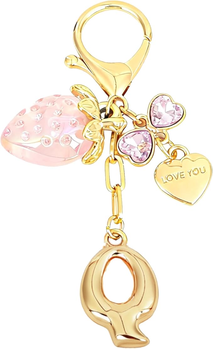 Snycler Bubble Initial Keychain with Strawberry & Bow- Gold Letter Bag Charms for Women, Cute Purse Handbag Accessories