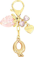 Snycler Bubble Initial Keychain with Strawberry & Bow- Gold Letter Bag Charms for Women, Cute Purse Handbag Accessories