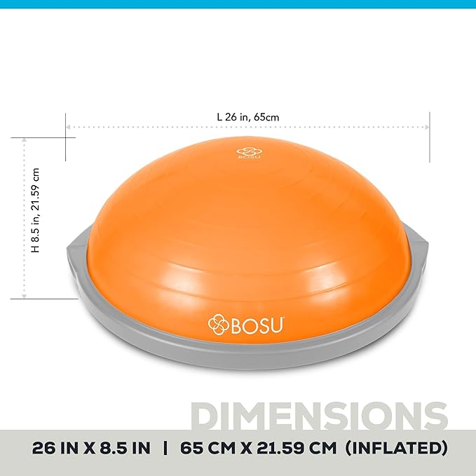 Bosu Balance Ball Exercise Trainer, Home Gym Equipment w/ Guided Workouts & Pump, 26", Blue - Inflatable Fitness Platform for Strength Training, Standing, Balancing, and Core Workout
