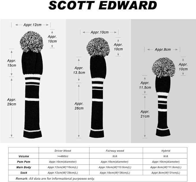 Scott Edward Golf Headcovers for Woods Set of 3 Fits Well Driver(460cc) Fairway Wood and Hybrid(UT) The Perfect Change for Golf Bag Classic Striped Style