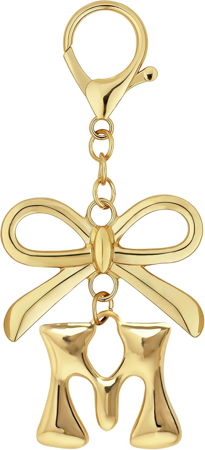 Gold Bubble Heart, Cherry, Bow & More Designs Letter Initial Keychain Bag Charms – Cute Purse Charms for Handbags