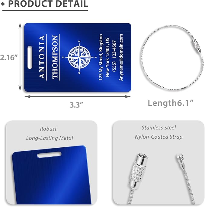 Custom Stainless Steel Luggage Tags (2 Pack) - Personalized Laser Engraved Luggage Tag, Waterproof Durable, for Bags, Backpack Travel, Suitcases (Blue)