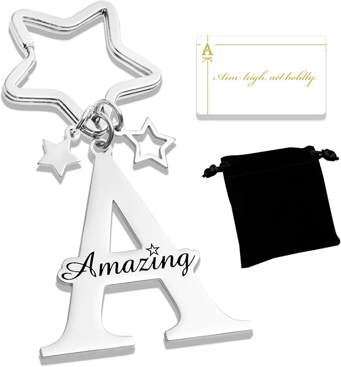 Qunrwe Stainless Steel Initial Letter A-Z Keychain,Inspirational Gifts for Women Men Friends Daughter Son Sister Dad Mom