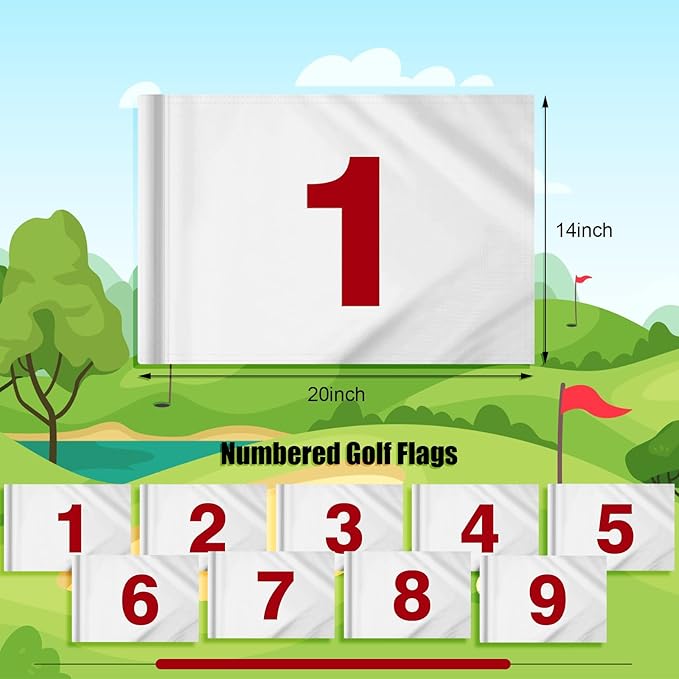 9 Pieces Large Numbered Golf Flags with Tube Inserted 20''L x 14''H Oversize Putting Flags Number 1-9, 420D Nylon Flag for Yard Indoor Outdoor Backyard Garden