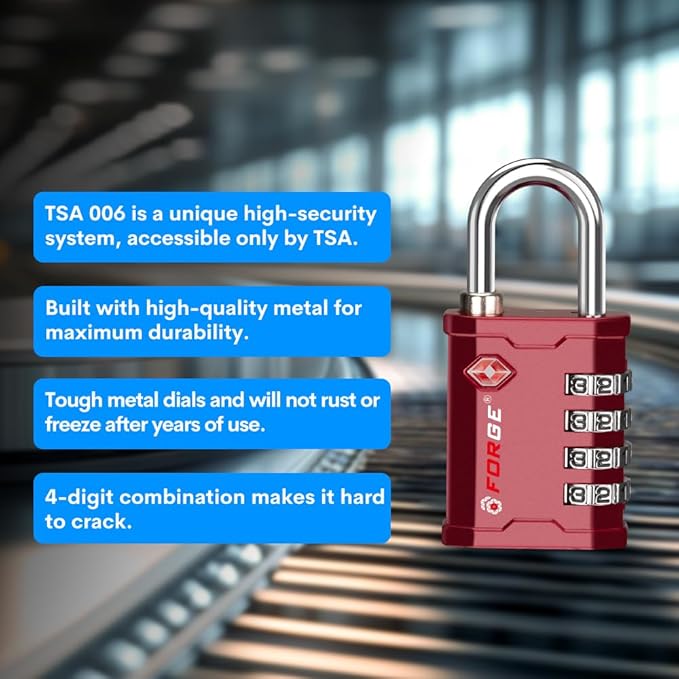 FORGE 4 Digit TSA Approved Combination Lock, Tool Box and Case Lock, Combination Padlock for Travel, Gym, Home. Red 2 Locks.