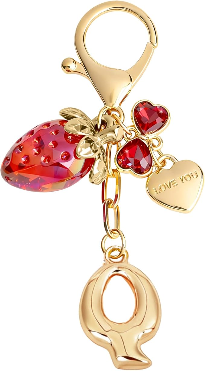 Snycler Bubble Initial Keychain with Strawberry & Bow- Gold Letter Bag Charms for Women, Cute Purse Handbag Accessories