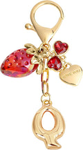 Snycler Bubble Initial Keychain with Strawberry & Bow- Gold Letter Bag Charms for Women, Cute Purse Handbag Accessories