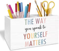 Boho Mental Health Pen Holder for Desk, Psychology Gifts Pencil Organizer, The Way You Speak to Yourself Matters Wooden Box Sign Desk Decor for Therapy Office Classroom Decoration