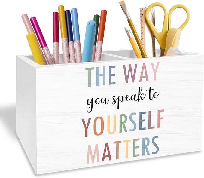 Boho Mental Health Pen Holder for Desk, Psychology Gifts Pencil Organizer, The Way You Speak to Yourself Matters Wooden Box Sign Desk Decor for Therapy Office Classroom Decoration