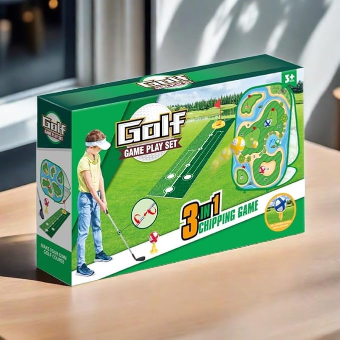 4-in-1 Kids Sticky Golf Games Set with Club, Golf Putting Practice Mat,3-Sided Golf Chipping Net, Multiple Game Modes, Golf Cornhole Board Set