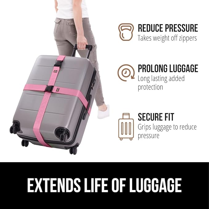GORILLA GRIP Heavy Duty Adjustable Luggage Straps for Suitcases, Easy to Identify Travel Belt Connector Holds Suitcase Together, Extends Life of Bag, Strap Connects Two Bags, Accessories 2 Pack Pink