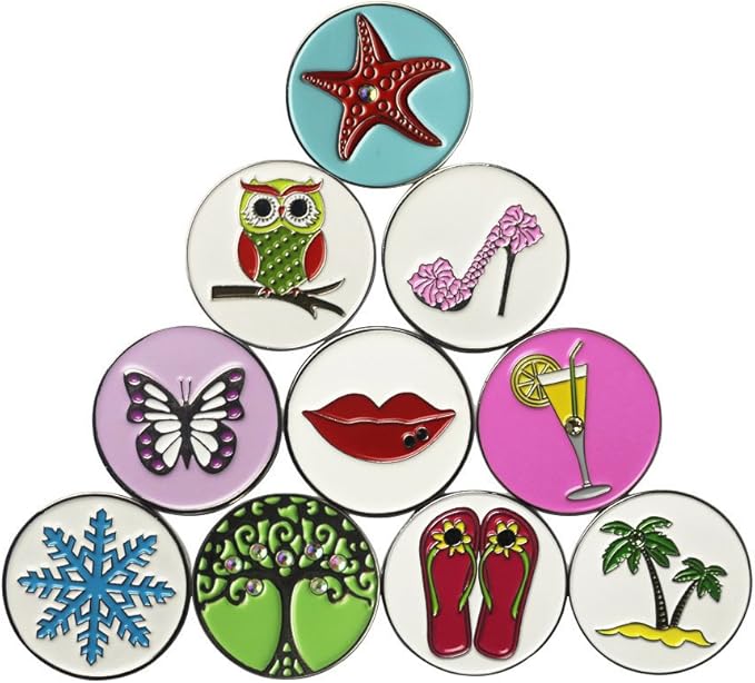 Lot of 10 Golf Ball Markers Assorted Patterns - Soft Enamel Technique