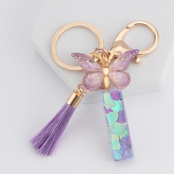 Suweibuke Colourful Cute Initial Letter Keychains for Women Girls with Tassel Butterfly, Charm for Purse Handbags Backpacks