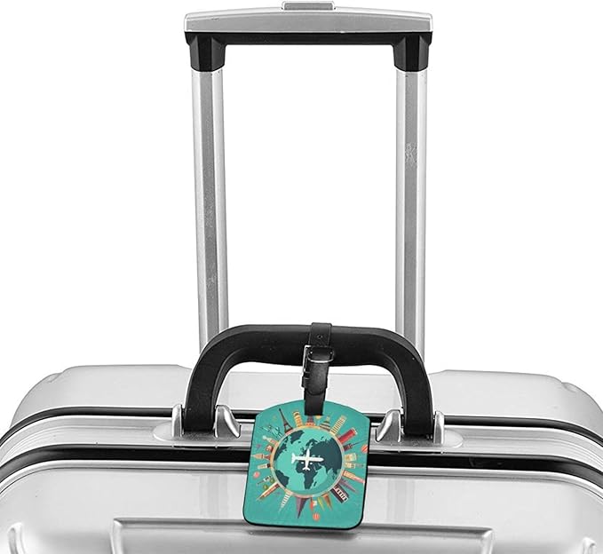 Funny Famous Landmarks Airplane Luggage Tag for Suitcases,Around World Map PU Leather Baggage Tags Bag Tags Travel Id Label for Luggage Women Men -1 Piece