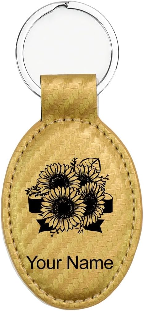 LaserGram Oval Keychain, Sunflowers, Personalized Engraving Included