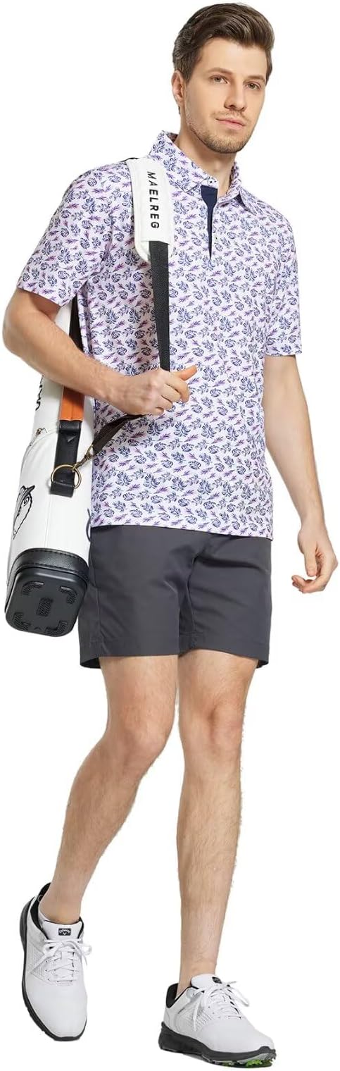 M MAELREG Mens Golf Shirt Short Sleeve Dry Fit Print Moisture Wicking Performance Patterns Collared Polo Shirt