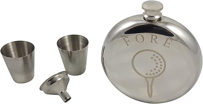 Palm City Products Golf Flask Gift Set - 10 oz Round Flask Engraved with Fore - Great Gift for Golfers