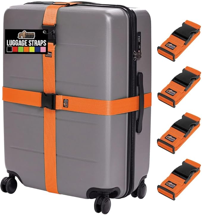GORILLA GRIP Heavy Duty 4 Pack Adjustable Luggage Straps for Suitcases, Easy to Identify Travel Belt Connector Holds Suitcase Together, Extends Life of Bag, Strap Connects Two Bags, Accessories Orange