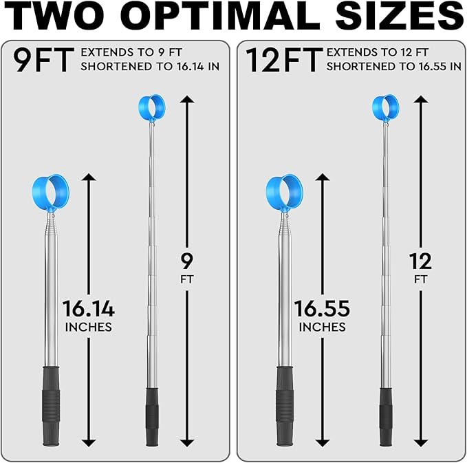 JKL 9Ft/12Ft Golf Ball Retriever for Water Telescopic, Stainless Steel Shaft, High Durability Double-Sided Ball Picker Upper Grabber, Golf Gifts for Golfers