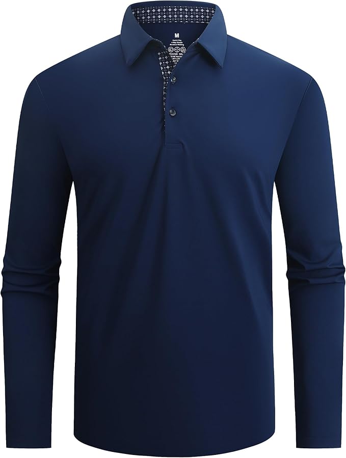 Alex Vando Mens Golf Shirt Moisture Wicking Quick-Dry Solid Long Sleeve Polo Shirts for Men