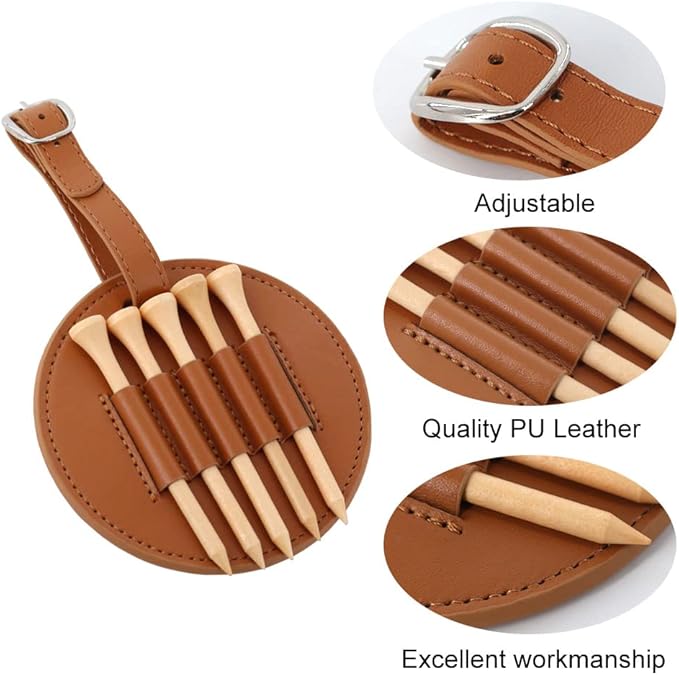 Leather Golf Tees Holder with 5 PCS Wooden Golf Tees 3-1/4 Inch Hook to Golf Bag Belt Clip for Golf Bag