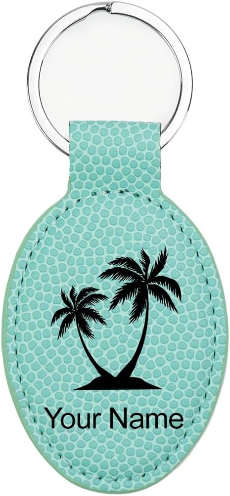 LaserGram Oval Keychain, Palm Trees, Personalized Engraving Included (Basketball Teal)
