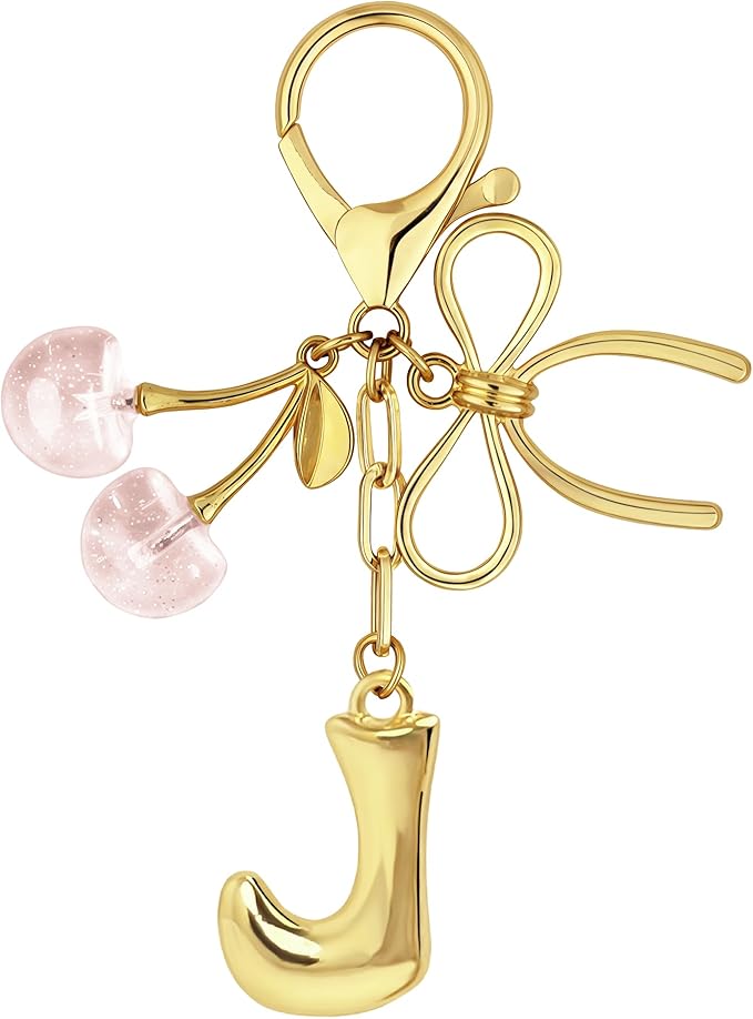 Gold Bubble Heart, Cherry, Bow & More Designs Letter Initial Keychain Bag Charms – Cute Purse Charms for Handbags