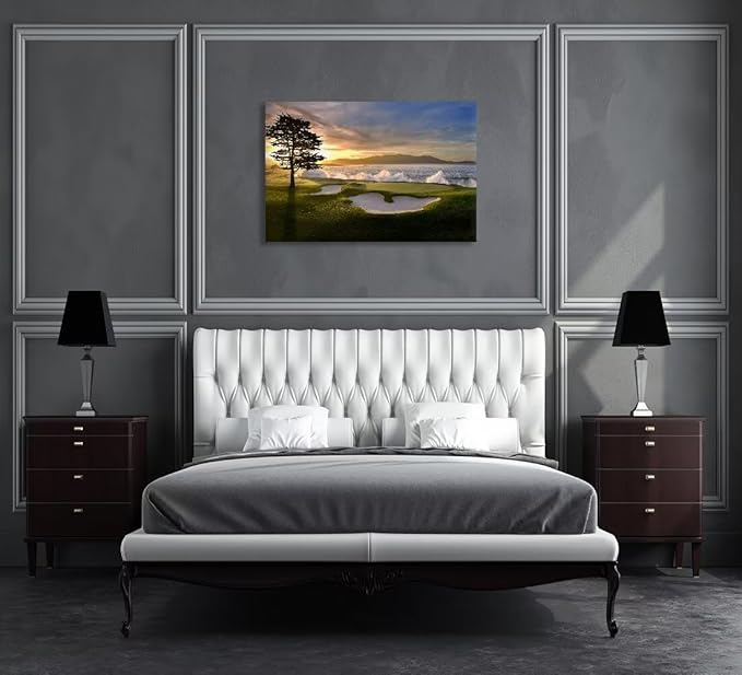 chenchenArt Pebble Beach Golf Course Wall Art Pictures Golf Course Poster Canvas Prints Golf Artwork Wall Decor for Living Room Bedroom Bathroom Home Decorations Framed Ready to Hang(12''H x 16''W)