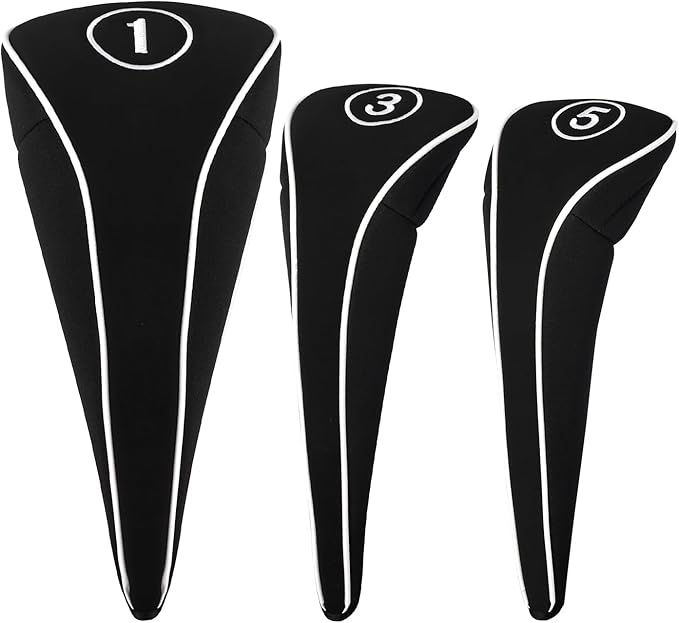 Golf Club Head Covers with Zipper - Balck Golf Club Covers for Woods and Driver Fairway Hybrids, Golf Accessories Headcovers Set