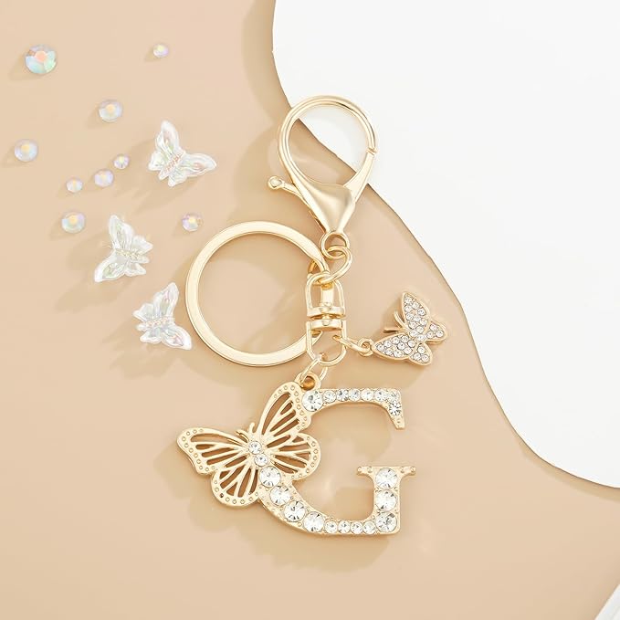 Gold Plated Alphabet Initial Letter Keyring Keychain for Women Girls Crystal Key Chains for Wallet Backpack Bag Charm