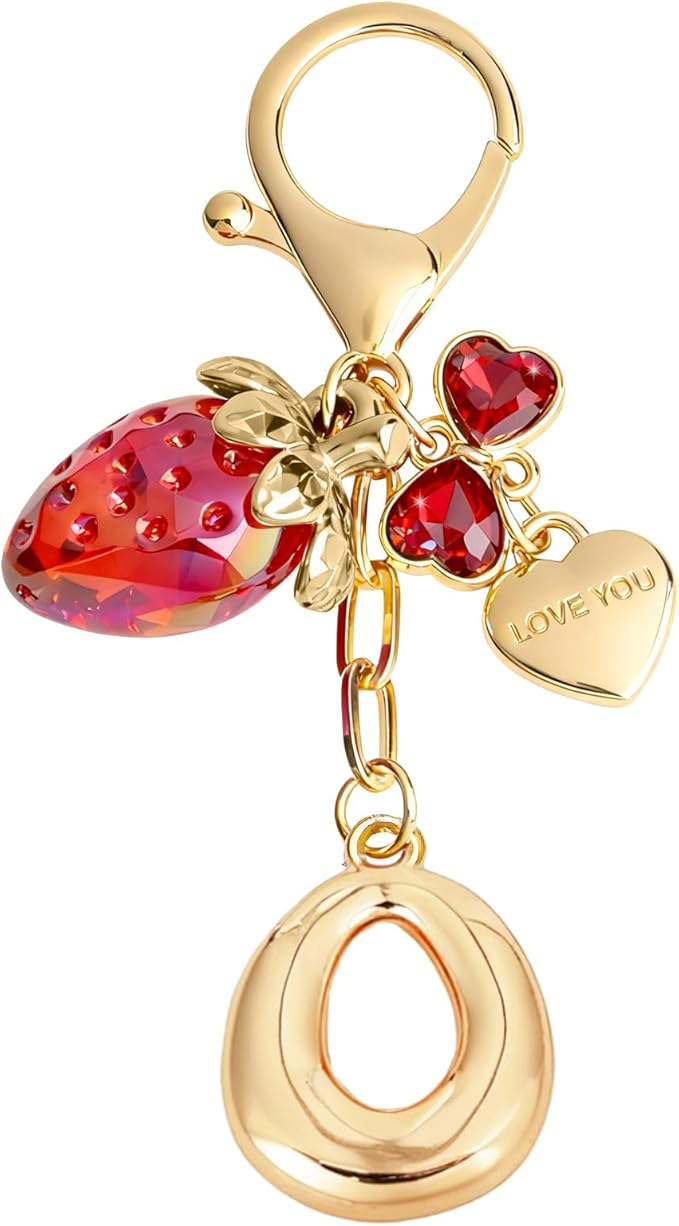 Snycler Bubble Initial Keychain with Strawberry & Bow- Gold Letter Bag Charms for Women, Cute Purse Handbag Accessories