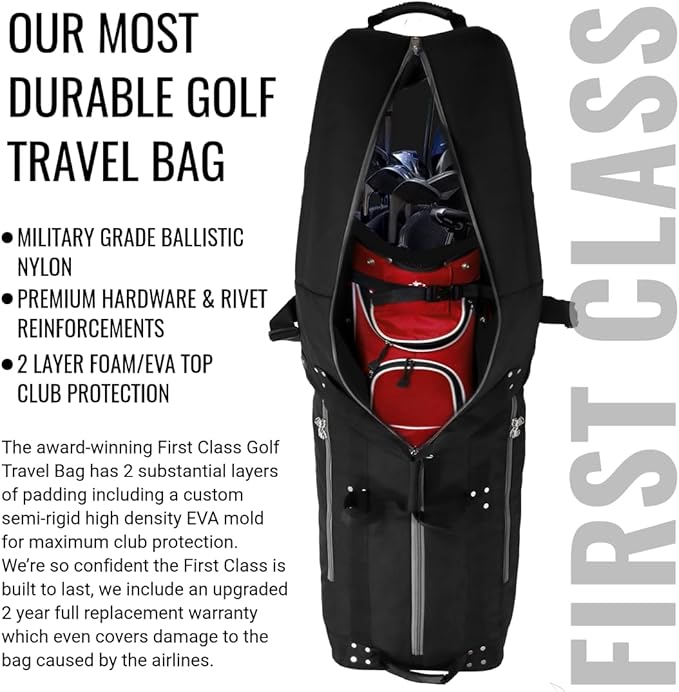 CaddyDaddy First Class Military Grade Ballistic Nylon Travel Cover with EVA Dense Foam Top Padding 2 Year Full Replacement Coverage Self Standing Base XL Wheels Case for Transporting Clubs on Airlines