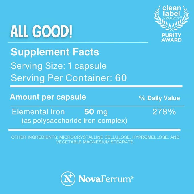 NovaFerrum All Good | Iron Capsule Supplements for Adults | Anemia | 50mg of Iron | 60 Servings | Sugar Free | Vegan | Gluten Free