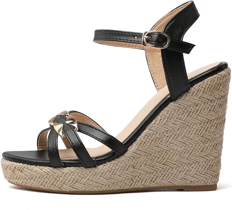 VOKLIN Women's Casual Espadrilles Wedge Sandals Open Toe Ankle Strap Metallic Chunky Platform Dressy Sandal