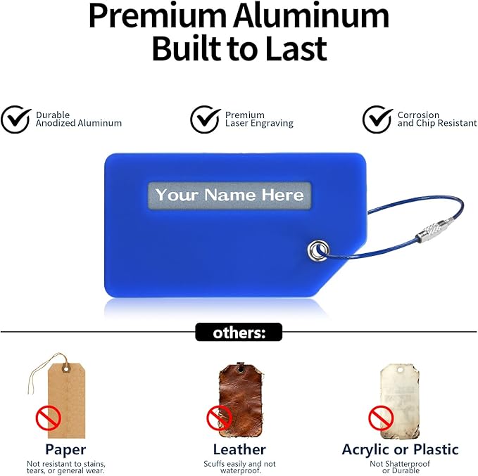 Personalized Luggage Tags for Suitcases, Custom Metal Luggage Tag for Bag with Silicone Sleeves, Durable Travel Tags, Laser Engrave Name Text, Gift for Travelers, 3.5x2 Inches (Black)