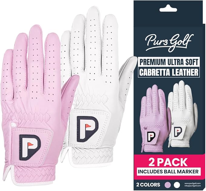 PUR3 Womens Golf Glove Left Hand and Right Hand - 2 Pack Ladies Golf Gloves - Ultra Soft Cabretta Leather