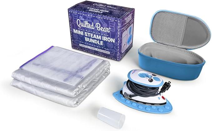 The Quilted Bear Mini Iron, Rest & Ironing Mat - Lightweight Mini Steam Iron with Hard Shell Travel Case, Rest & Ironing Mat - Travel Essentials for Wrinkle Free Clothes & Effortless Quilting (Blue)
