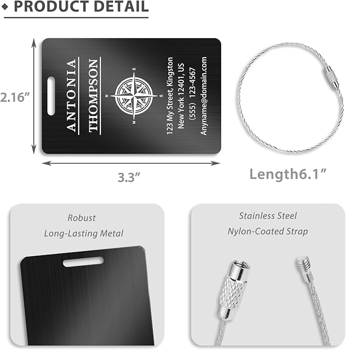 Custom Stainless Steel Luggage Tags (2 Pack) - Personalized Laser Engraved Luggage Tag, Waterproof Durable, for Bags, Backpack Travel, Suitcases (Black)
