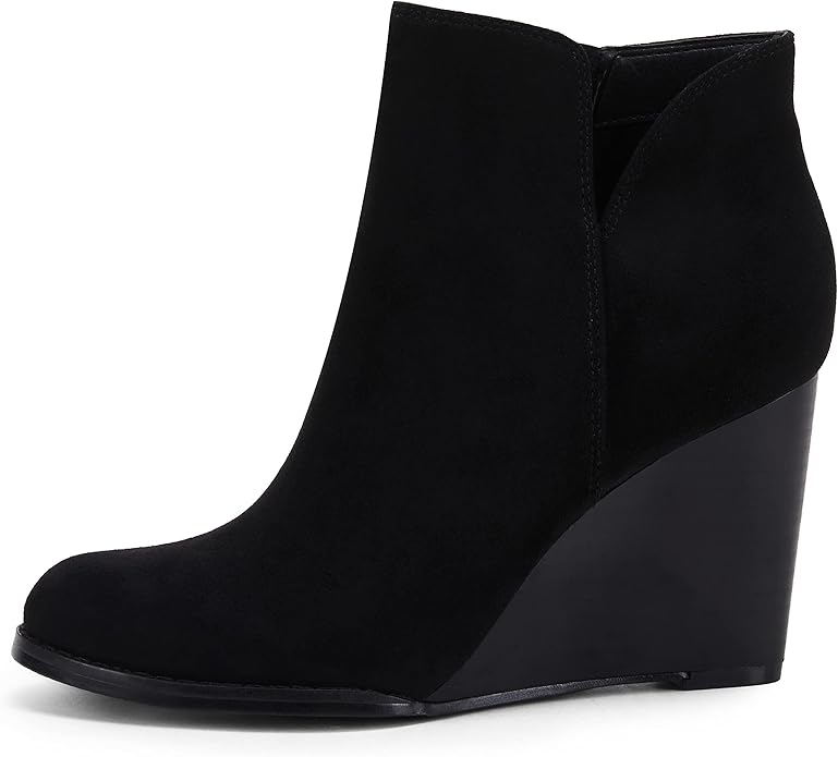 LAICIGO Womens V Cut Wedge Ankle Booties Zip-up Closed Toe Stacked Heel Faux Suede Winter Boots