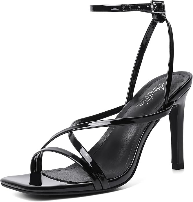 Mostrin Strappy Heels for Women Square Open Toe Lace Up Heeled Sandals Ankle Strap Sexy Stiletto High Heels for Party, Prom, Dating, Wedding