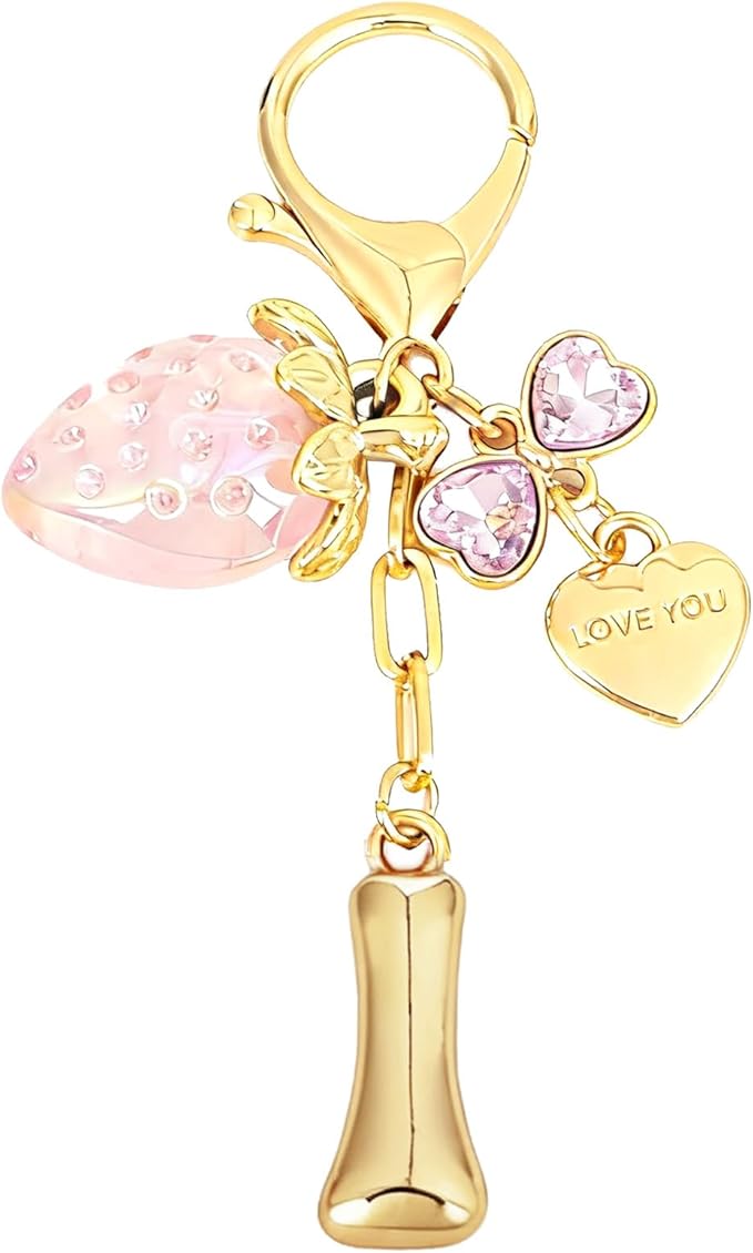 Snycler Bubble Initial Keychain with Strawberry & Bow- Gold Letter Bag Charms for Women, Cute Purse Handbag Accessories