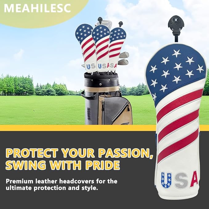 Golf American Style Head Cover Golf Club Blue and White Leather Headcovers Set Fits Driver Fairway Wood Hybrid Utility Putter Iron Wedge Headcover.