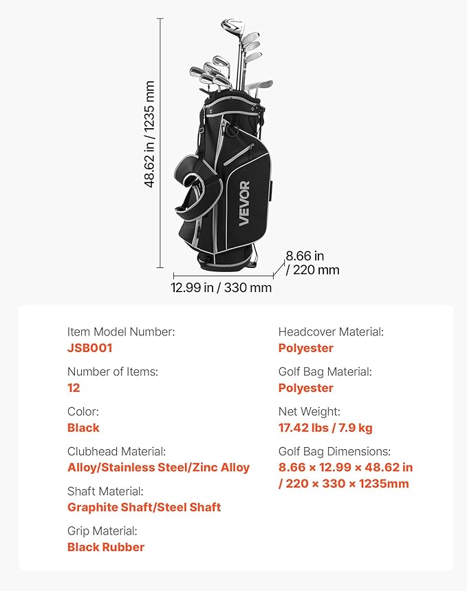 VEVOR Golf Club Set, 12 Pieces Golf Club Complete Set Right Handed with 460CC #1 Driver, #3 & 5 Fairway Wood, #4 Hybrid, #5/#6/#7/#8/#9/#PW/#SW Irons, L-Shaped Putter, Golf Stand Bag